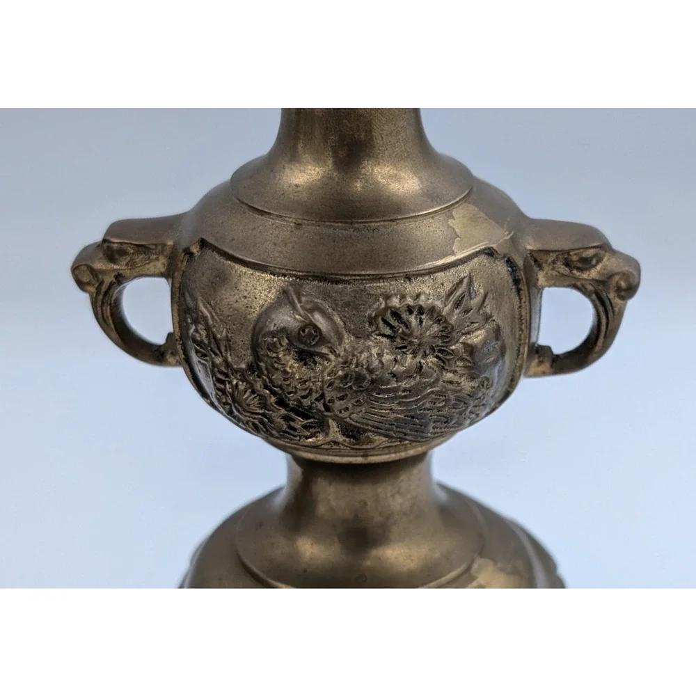 Ornate Oriental Brass Candle Holders Set of 3 - Flowers Birds Fu Dogs